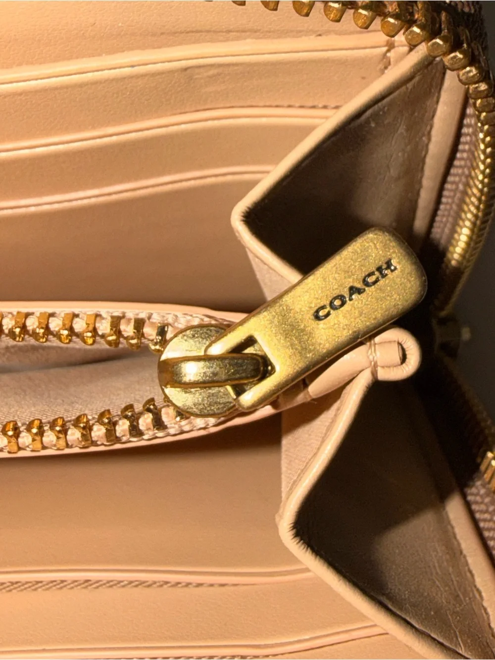 Coach Brown Signature Monogram Gold Zip Wallet with Pink Floral Motif
